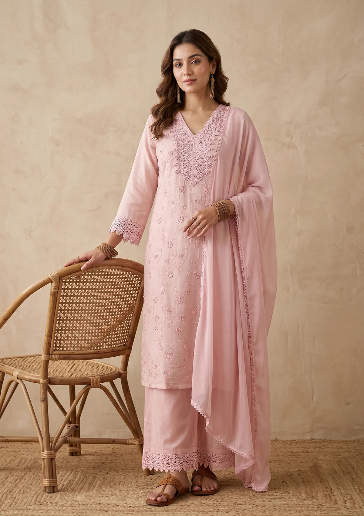 Baby Pink Threadwork Cotton Readymade Salwar Suit